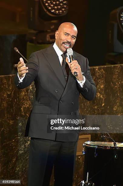 Steve Harvey speaks on stage at the UNICEF launch of the #IMAGINE Project to celebrate the 25th Anniversary of the rights of a child at United...