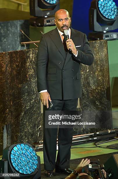 Comedian Steve Harvey speaks on stage at the UNICEF launch of the #IMAGINE Project to celebrate the 25th Anniversary of the rights of a child at...