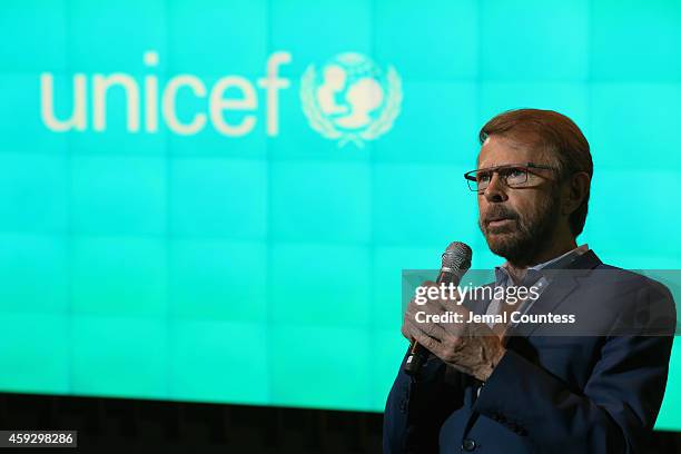 Bjorn Ulvaeus speaks on stage at the UNICEF launch of the #IMAGINE Project to celebrate the 25th Anniversary of the rights of a child at United...