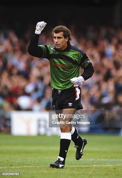 Derby County goalkeeper Peter Shilton reacts during a League match circa 1991, at the Baseball Ground in Derby, England.