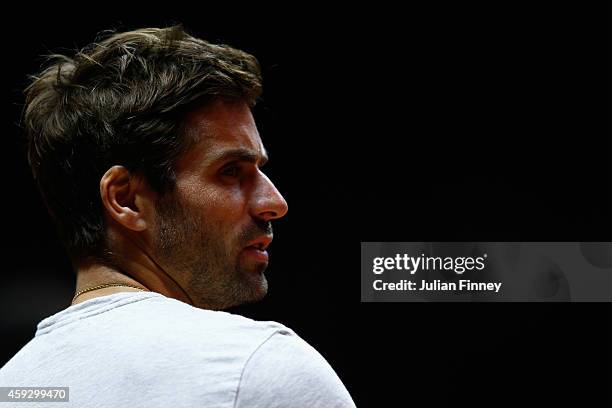 Captain Arnaud Clement of France looks on during previews for the Davis Cup Tennis Final between France and Switzerland at the Stade Pierre Mauroy on...