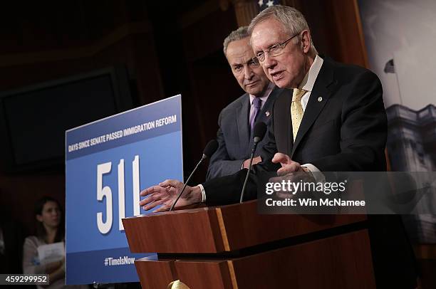 Senate Majority Leader Harry Reid and Sen. Charles Schumer speak during a press conference at the U.S. Capitol on immigration reform November 20,...