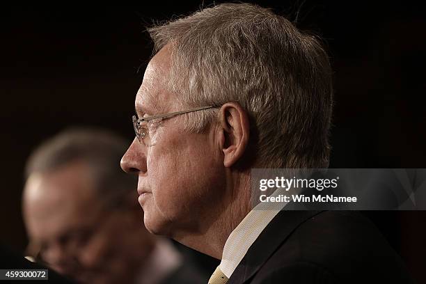 Senate Majority Leader Harry Reid and Sen. Charles Schumer speak during a press conference at the U.S. Capitol on immigration reform November 20,...