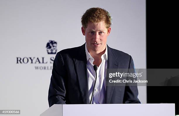 Prince Harry speaks during a dinner after the Sentebale Polo Cup presented by Royal Salute World Polo at Ghantoot Polo Club on November 20, 2014 in...