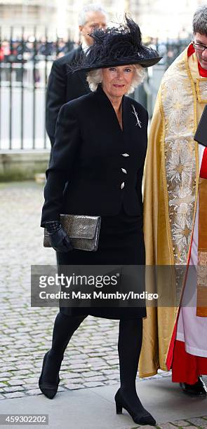 Camilla, Duchess of Cornwall attends a service of thanksgiving for Lady Mary Soames at Westminster Abbey on November 20, 2014 in London, England....