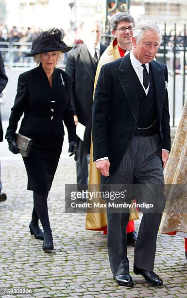 Camilla, Duchess of Cornwall and Prince Charles, Prince of Wales attend a service of thanksgiving for Lady Mary Soames at Westminster Abbey on...