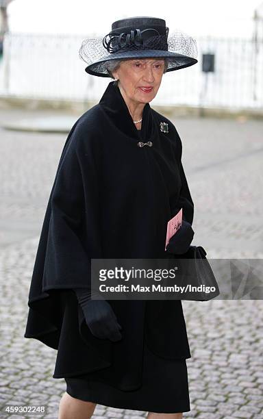 Lady Susan Hussey attends a service of thanksgiving for Lady Mary Soames at Westminster Abbey on November 20, 2014 in London, England. Lady Mary...