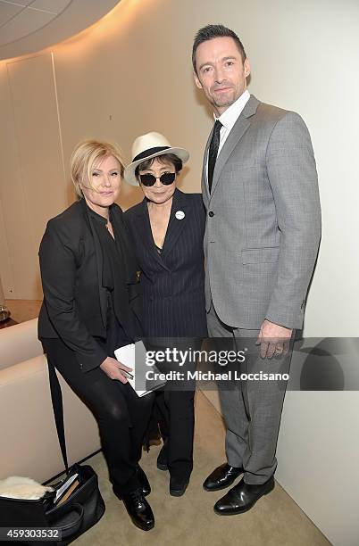 Deborra-Lee Furness, Yoko Ono and Hugh Jackman attend the UNICEF launch of the #IMAGINE Project to celebrate the 25th Anniversary of the rights of a...