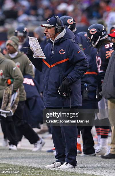 Head coach Marc Trestman of the Chicago Bears calls a play against the Minnesota Vikings at Soldier Field on October 19, 2014 in Chicago, Illinois....