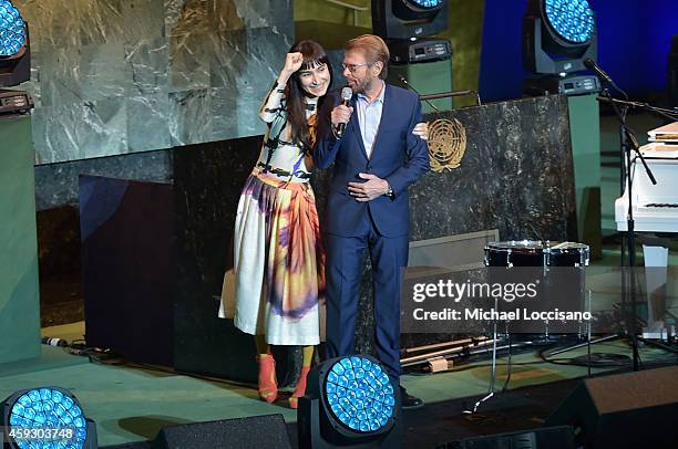 Laleh Pourkarim and Björn Ulvaeus speak on stage at the UNICEF launch of the #IMAGINE Project to celebrate the 25th Anniversary of the rights of a...