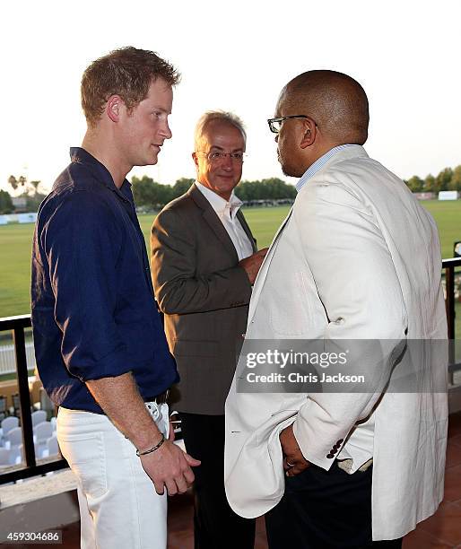 Prince Harry, Philip Green and Prince Seeiso of Lesotho attend the Sentebale Polo Cup presented by Royal Salute World Polo at Ghantoot Polo Club on...