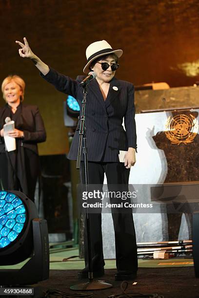 Artist Yoko Ono speaks on stage at the UNICEF launch of the #IMAGINE Project to celebrate the 25th Anniversary of the rights of a child at United...