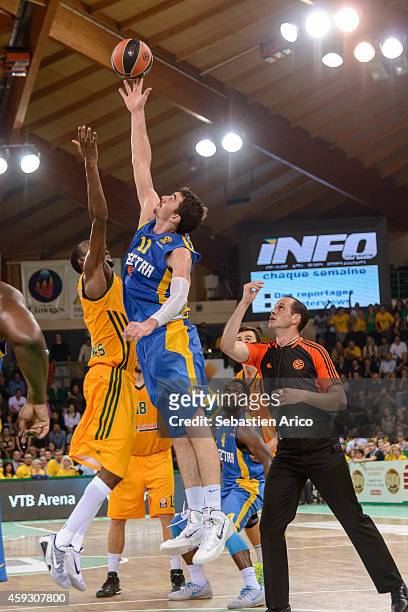 Jake Cohen, #11 of Maccabi Electra Tel Aviv competes with Jamar Smith, #5 of Limoges CSP during the 2014-2015 Turkish Airlines Euroleague Basketball...