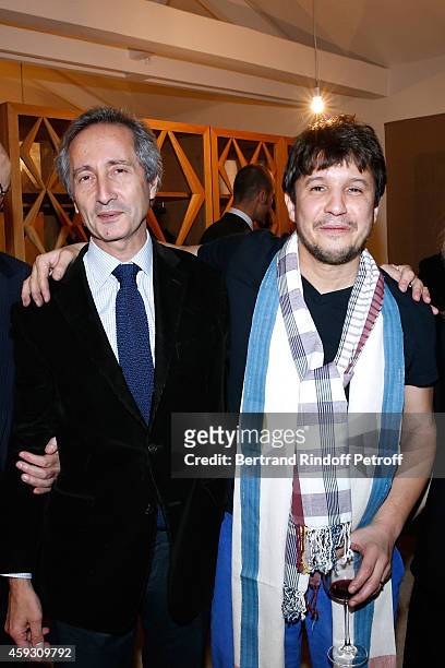 Former head of the Paris Beaubourg-Musee d'Art Moderne, Bernard Blistene and Contemporary artist Adel Abdessemed attend Helene Cixous receives...