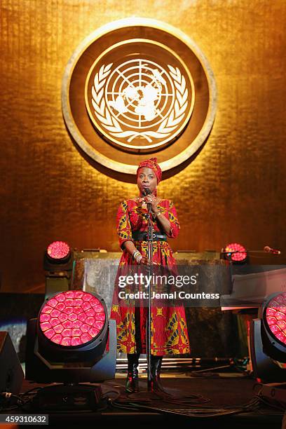 Angelique Kidjo performs on stage at the UNICEF launch of the #IMAGINE Project to celebrate the 25th Anniversary of the rights of a child at United...