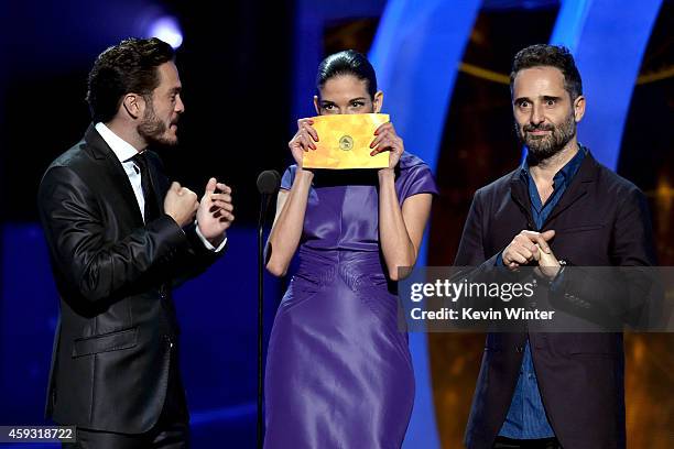 Actor Kuno Becker, recording artist Natalia Jimenez, and recording artist Jorge Drexler speak onstage during the 15th annual Latin GRAMMY Awards at...