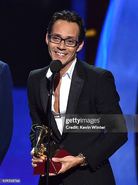 Recording artist Marc Anthony accepts the Best Salsa Album award for '3.0' onstage during the 15th annual Latin GRAMMY Awards at the MGM Grand Garden...