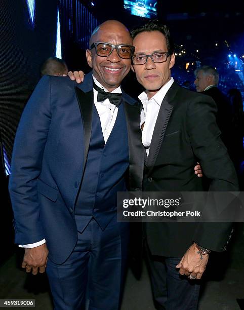 Pianist Sergio George and singer Marc Anthony attend the 15th Annual Latin GRAMMY Awards at the MGM Grand Garden Arena on November 20, 2014 in Las...
