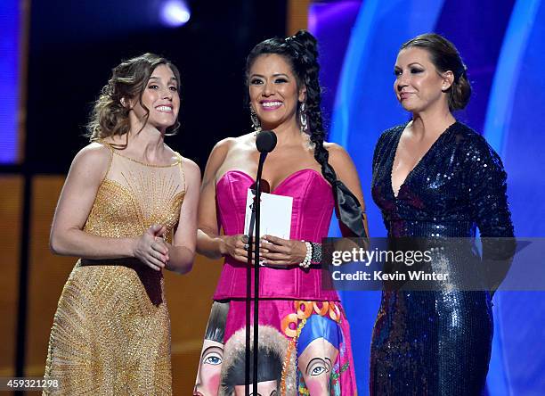 Recording artists Soledad Pastorutti, Lila Downs, and Nina Pastori speak onstage during the 15th annual Latin GRAMMY Awards at the MGM Grand Garden...