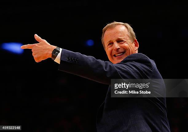 Head coach Rick Barnes of the Texas Longhorns looks on from the sidelines against the Iowa Hawkeyes during the 2K Classic at Madison Square Garden on...