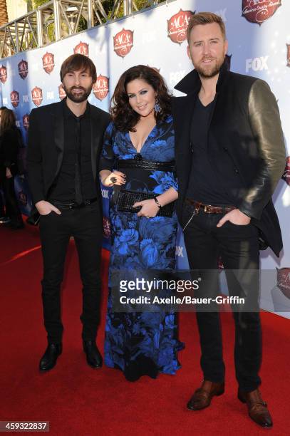 Dave Haywood, Hillary Scott and Charles Kelley of Lady Antebellum arrive at the American Country Awards 2013 at the Mandalay Bay Events Center on...
