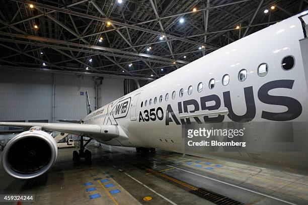 An Airbus A350 XWB aircraft, produced by Airbus Group NV, stands during a media preview inside Japan Airlines Co. 's hangar at Haneda Airport in...