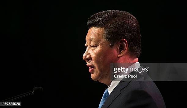 Chinese President Xi Jinping addresses the audience at a luncheon at SkyCity Grand Hotel on November 21, 2014 in Auckland, New Zealand. President Xi...