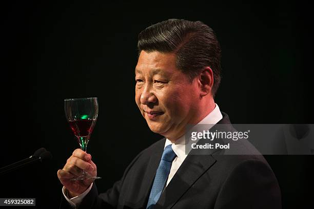 Chinese President Xi Jinping raises his glass for a toast during his talk before lunch at SkyCity Grand Hotel on November 21, 2014 in Auckland, New...