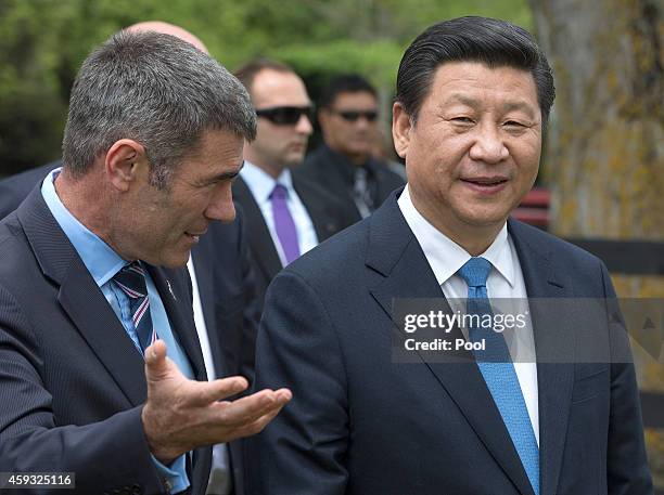 Minister for Primary Industries Nathan Guy welcomes President Xi Jinping of China to the Karaka Agitech event on November 21, 2014 in Auckland, New...