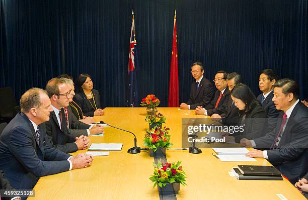 David Shearer and Leader of the Opposition Andrew Little talk with Chinese President Xi Jinping at SkyCity Grand Hotel on November 21, 2014 in...