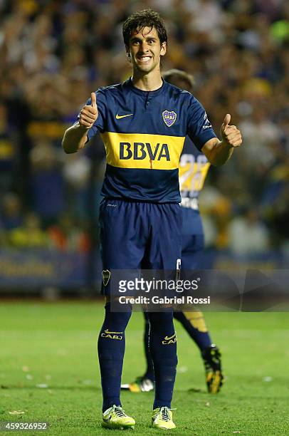 Juan Forlin of Boca Juniors gestures during a first leg semifinal match between Boca Juniors and River Plate as part of Copa Total Sudamericana 2014...