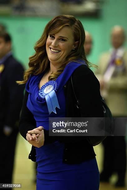 Conservative Party candidate Kelly Tolhurst arrives at the ballot counting centre in Medway Park on November 21, 2014 in Rochester, England. Voting...