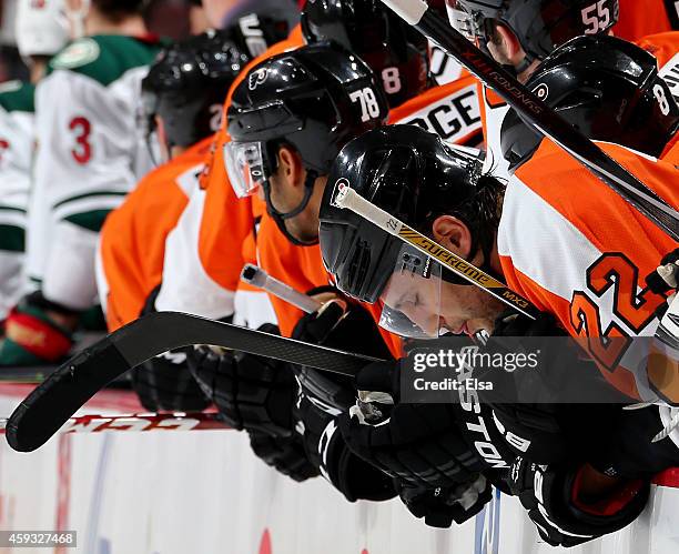 Luke Schenn of the Philadelphia Flyers reacts to the loss to the Minnesota Wild on November 20, 2014 at the Wells Fargo Center in Philadelphia,...