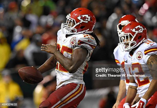 Jamaal Charles of the Kansas City Chiefs celebrates with Albert Wilson after scoring a touchdown during the game against the Oakland Raiders at O.co...
