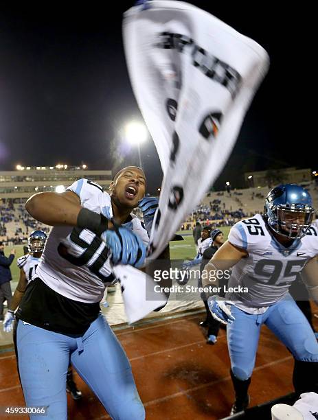 Nazair Jones of the North Carolina Tar Heels reacts after defeating the Duke Blue Devils 45-20 at Wallace Wade Stadium on November 20, 2014 in...