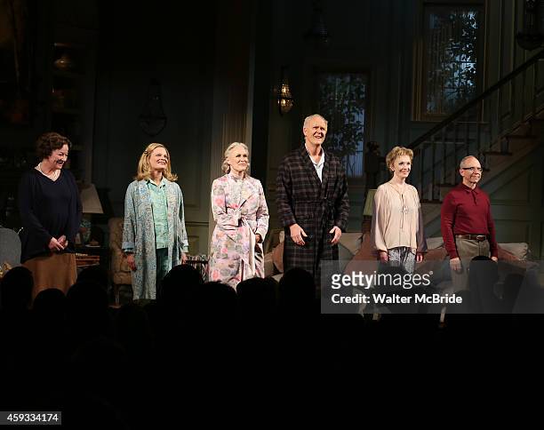 Clare Higgins, Martha Plimpton, Glenn Close, John Lithgow, Lindsay Duncan and Bob Balaban during a tearful Opening Night Curtain Call for 'A Delicate...