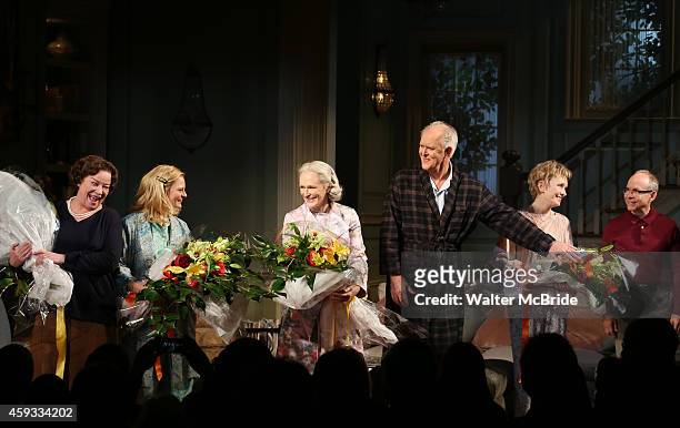 Clare Higgins, Martha Plimpton, Glenn Close, John Lithgow, Lindsay Duncan and Bob Balaban during a tearful Opening Night Curtain Call for 'A Delicate...