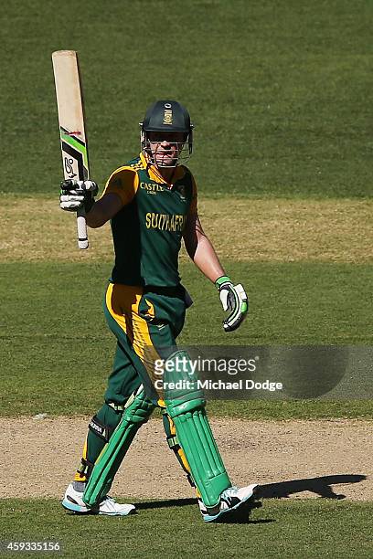 De Villiers of South Africa celebrates his half century during game four of the One Day International series between Australia and South Africa at...