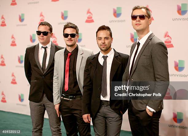 Musicians Diego Pulecio, Carlos Leongomez, Jaime Medina and Jaime Valderrama of Don Tetto attend the 15th Annual Latin GRAMMY Awards at the MGM Grand...