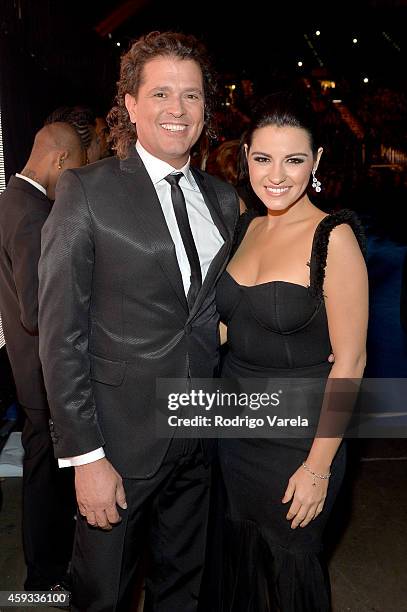 Recording artist Carlos Vives and actress Maite Perroni attend the 15th annual Latin GRAMMY Awards at the MGM Grand Garden Arena on November 20, 2014...