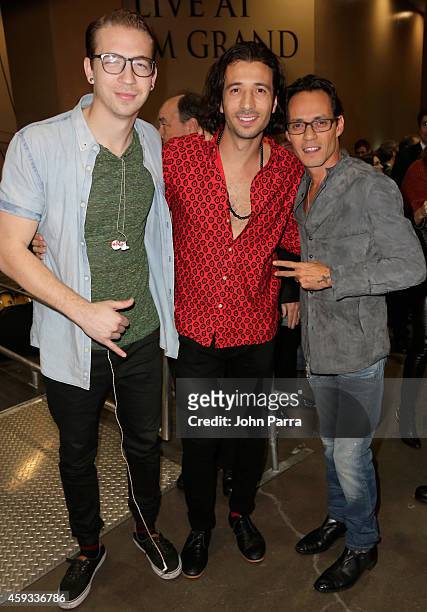Musicians Alex Tanas and Nasri of Magic! and Marc Anthony attend the 15th annual Latin GRAMMY Awards at the MGM Grand Garden Arena on November 20,...