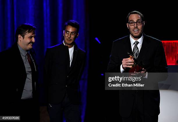 Producer Cesar Elste, singer Henry D'Arthenay of La Vida Boheme and director Carl Zitelmann accept the award for Best Short Form Music Video for...