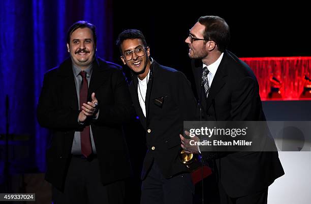 Producer Cesar Elste, singer Henry D'Arthenay of La Vida Boheme and director Carl Zitelmann accept the award for Best Short Form Music Video for...