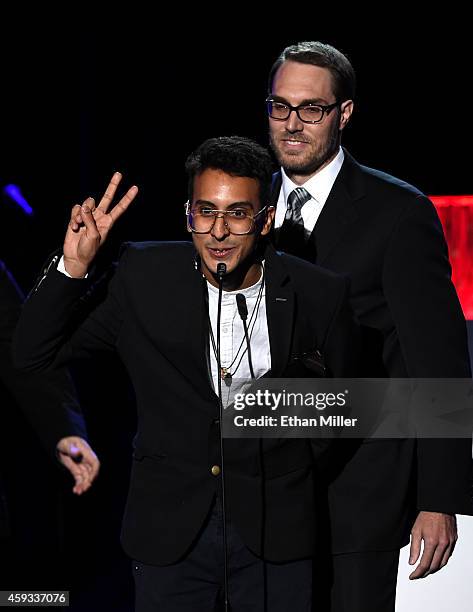 Singer Henry D'Arthenay of La Vida Boheme and director Carl Zitelmann attend the 15th annual Latin GRAMMY Awards premiere ceremony at the Hollywood...