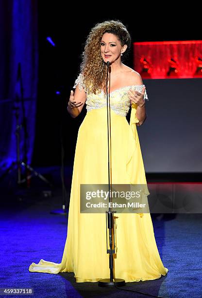 Erika Ender speaks onstage during the 15th annual Latin GRAMMY Awards premiere ceremony at the Hollywood Theatre at the MGM Grand Hotel/Casino on...