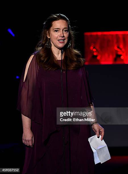 Latin Recording Academy Chair of the Board of Trustees Laura Tesoriero speaks onstage during the 15th annual Latin GRAMMY Awards premiere ceremony at...