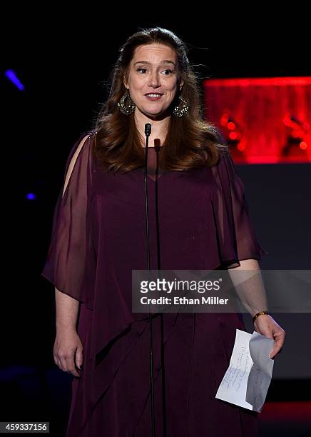 Latin Recording Academy Chair of the Board of Trustees Laura Tesoriero speaks onstage during the 15th annual Latin GRAMMY Awards premiere ceremony at...