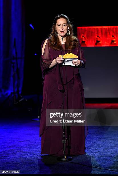 Latin Recording Academy Chair of the Board of Trustees Laura Tesoriero speaks onstage during the 15th annual Latin GRAMMY Awards premiere ceremony at...