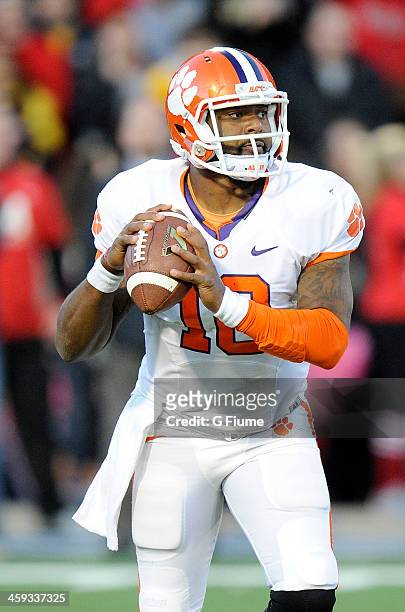 Tajh Boyd of the Clemson Tigers throws a pass against the Maryland Terrapins at Byrd Stadium on October 26, 2013 in College Park, Maryland.