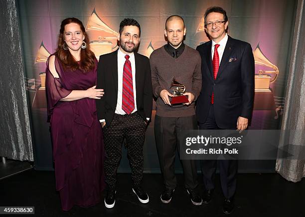 Chair of the Board of Trustees of the Latin Recording Academy, Laura Tesoriero; musicians Visitante and Rene Perez Joglar Calle 13, winner of the...